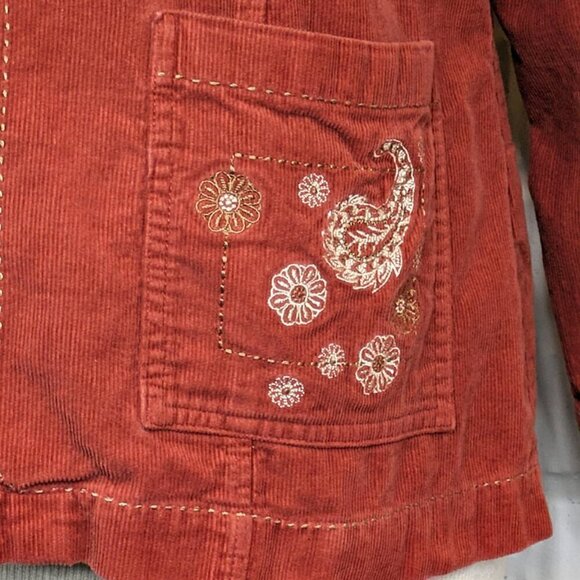 VTG Ms Lee Shacket Womens Medium Corduroy Rust Orange Button Up Embroidery Top - Picture 4 of 12